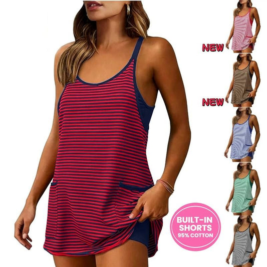 ✨SUMMER HOT SALE 50%OFF🎀Women's Summer Sleeveless V-Neck Striped Athletic Mini Dress with Built-in Shorts