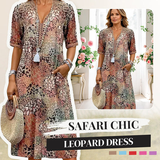 💥🌈2026 Hot Sale 50% OFF🤩Safari Chic Leopard Linen-Cotton Midi Dress –🌿V-Neck & Relaxed Elegance