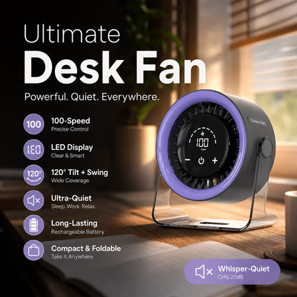 🏆2026 Desk Fan –USB Rechargeable with LED Display 📊 | 100 Speeds, 120° Tilt & Full Oscillation ↔️ | Ultra-Quiet for Bedroom 😴, Office 🖥️ & Camping 🏕️ | Up to 24H Battery ⚡