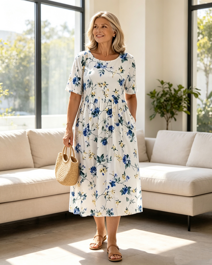 🔥LAST DAY SALE - 49% OFF👗🌸Women’s Elegant Floral Print Round-Neck Long Dress