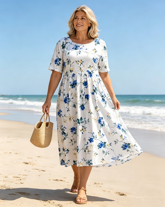 🔥LAST DAY SALE - 49% OFF👗🌸Women’s Elegant Floral Print Round-Neck Long Dress