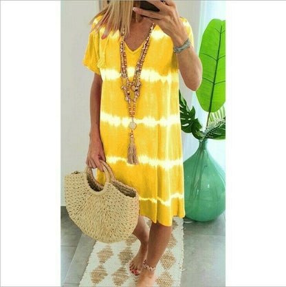 👗Surprise Price: Only £11.99!!🌈 Tie-Dye Striped Short Sleeve T-Shirt Dress – Soft & flowy – Perfect for summer, beach or casual days – comfortable and stylish 🌊✨