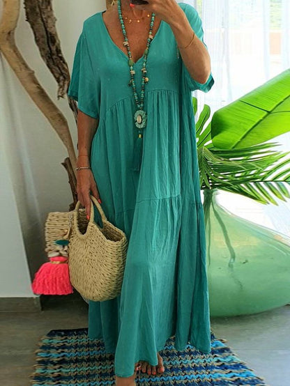 🌺Hot Sale 50% OFF⏳Women’s Casual Long Dress with Short Sleeves – V-Neck, Loose & Flowy, Relaxed Fit, Breathable Fabric & Perfect for Everyday Wear ☀️