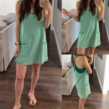 ✨SUMMER HOT SALE 50%OFF🎀Women's Summer Sleeveless V-Neck Striped Athletic Mini Dress with Built-in Shorts