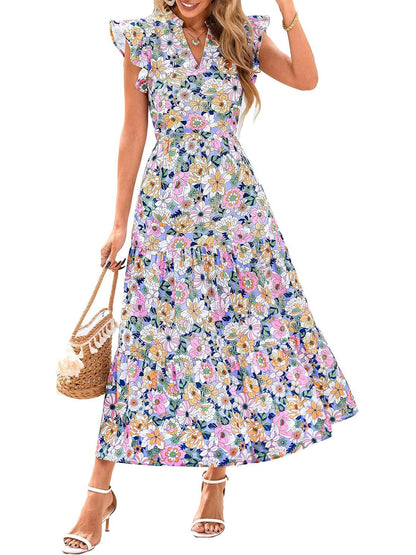 🏖️Summer Sale-50% Off🌷Women's Boho Print V Neck Ruffle Maxi Dress