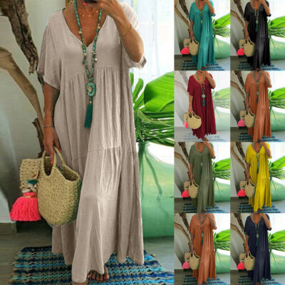 🌺Hot Sale 50% OFF⏳Women’s Casual Long Dress with Short Sleeves – V-Neck, Loose & Flowy, Relaxed Fit, Breathable Fabric & Perfect for Everyday Wear ☀️