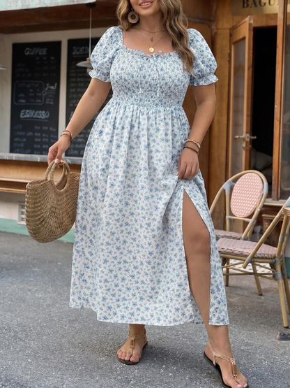💗2026 New arrival 49% OFF💗Women's Plus Size Smocked Square Neck Puff Sleeve Side Slit Flowy Dress
