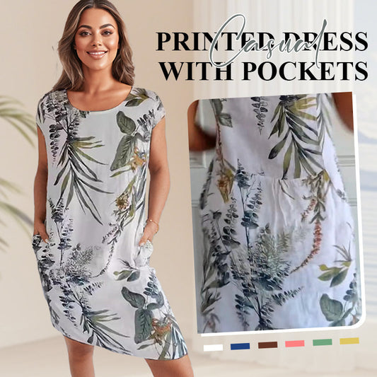 🍃LAST DAY SPECIAL PRICE ￡13.99⚡50K+ SOLD💕👗Casual Printed Dress with Pockets✨Soft Loose Midi Sundress With Side Pockets Beach Holiday Commute Outfit UK🇬🇧 | Free Smile Face Necklace Gift🎁