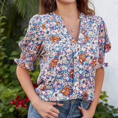 😍LAST DAY SALE 50% OFF-Special Price £12.99🎁☀️🌺Floral V-neck Puff Sleeve Blouse For Women