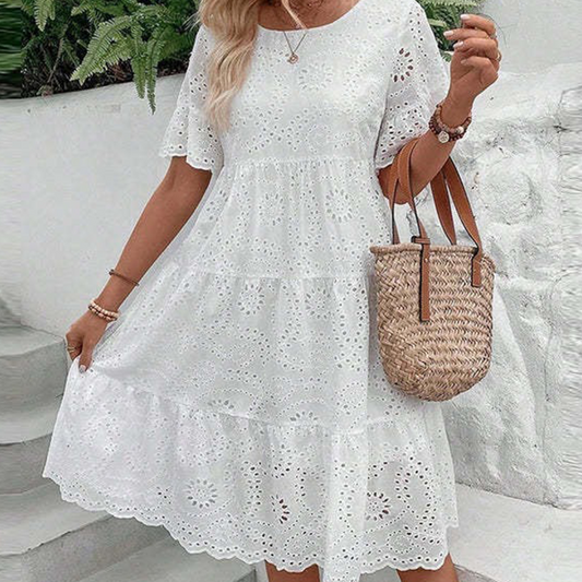 🔥Summer Hot Sale🥳Last Day Sale 50％ OFF💖Women's Solid Round Neck Floral Cut-Out Dress