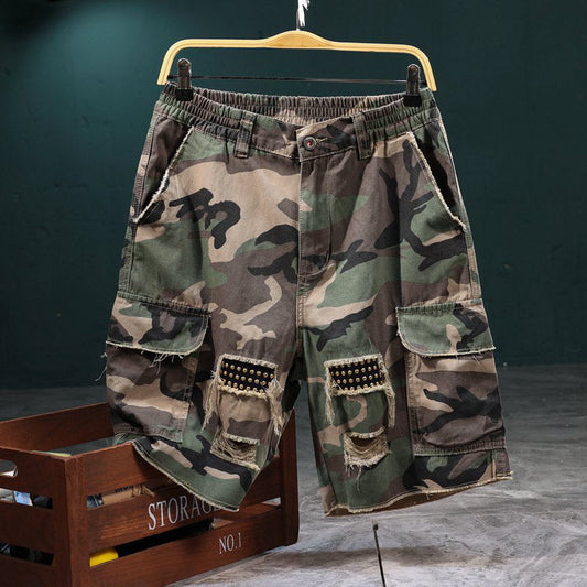 💥🩳2026 【Best Seller】🥳50% OFF & BUY 1 WITH FREE GIFT🎁!!🌿Men's Studded Camo Cargo Shorts – Distressed, Multi-Pocket & Elastic Waist – Rugged Streetwear Cargo Shorts 🛹