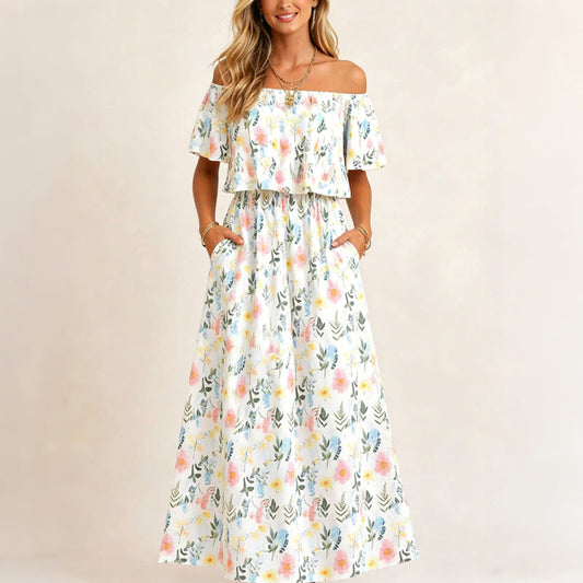 ⏰Last Day Sale 50% OFF💃Women's Off-Shoulder Ruffled Side-Slit Maxi Dress with Pockets ✨