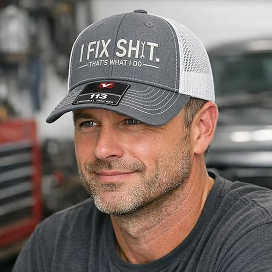 🧢2026 New Arrival＆ Hot Sale🔥Mesh Back Trucker Cap with "I Fix Shit" Embroidery – Breathable Outdoor Sun Hat🧢☀️
