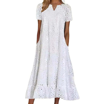 💥LAST DAY SALE 50%OFF💥Women's Eyelet Lace A-Line Dress with Pockets 👗 – Cotton Blend, Machine Washable, Solid Colours, Sizes S-2XL