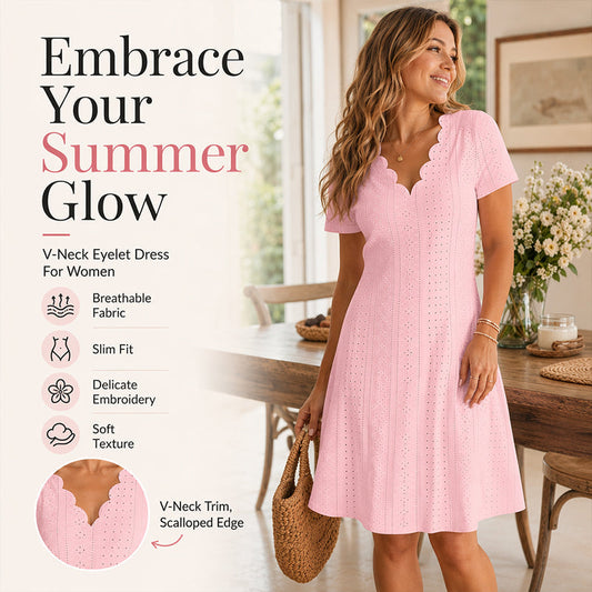 💖LAST DAY SALE ONLY ￡11.99!! 👗Women's Scalloped V-Neck Eyelet Dress – Lightweight & Romantic for Garden Parties or Brunch 🌿
